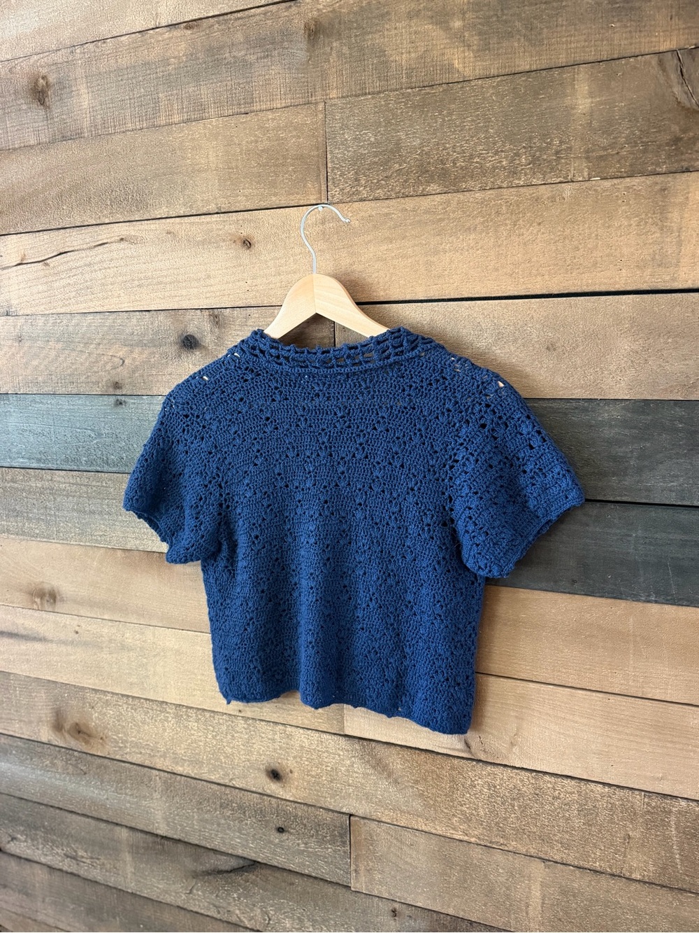 Y2K Navy Crochet Knit Cardigan Top Ramie Cotton Cottagecore Boho - Picture 8 of 8